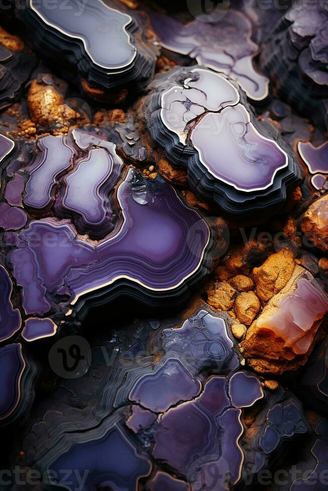 abstrakt hypnotisch Illusion von Gold Lava Über Amethyst Farben. ai generativ foto