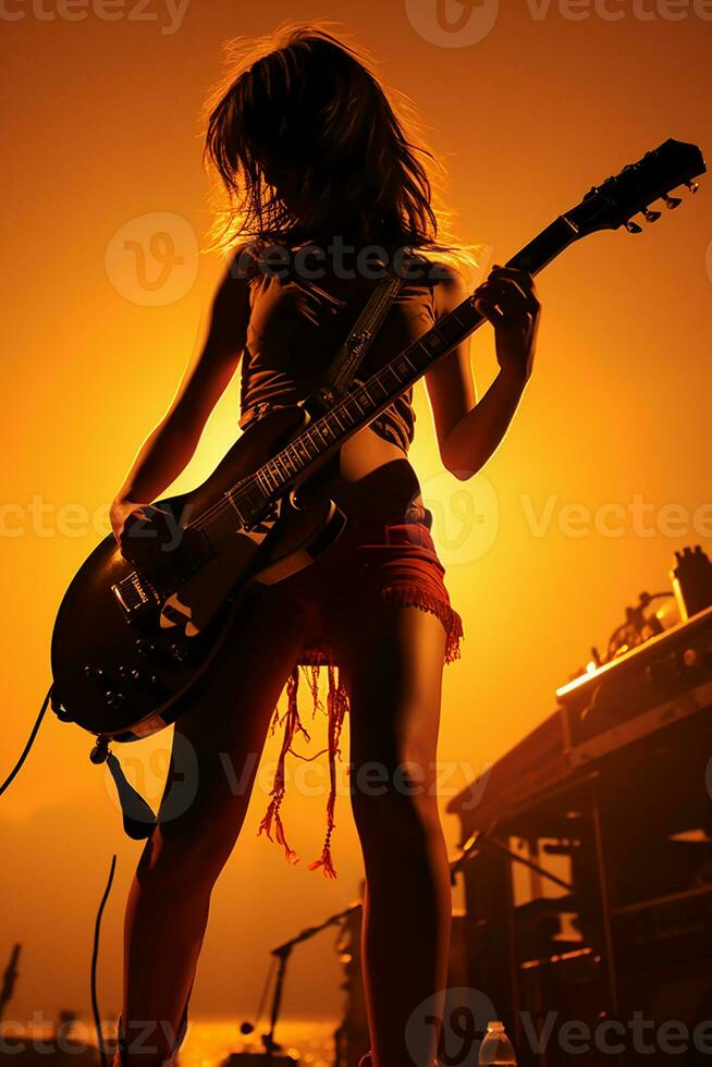 Silhouette von ein 18 Jahr alt Mädchen, weiblich Felsen Sänger, abspielen ein elektrisch Gitarre und singen, Vorderseite, Jahrgang Mode, modern Plakate. ai generativ foto