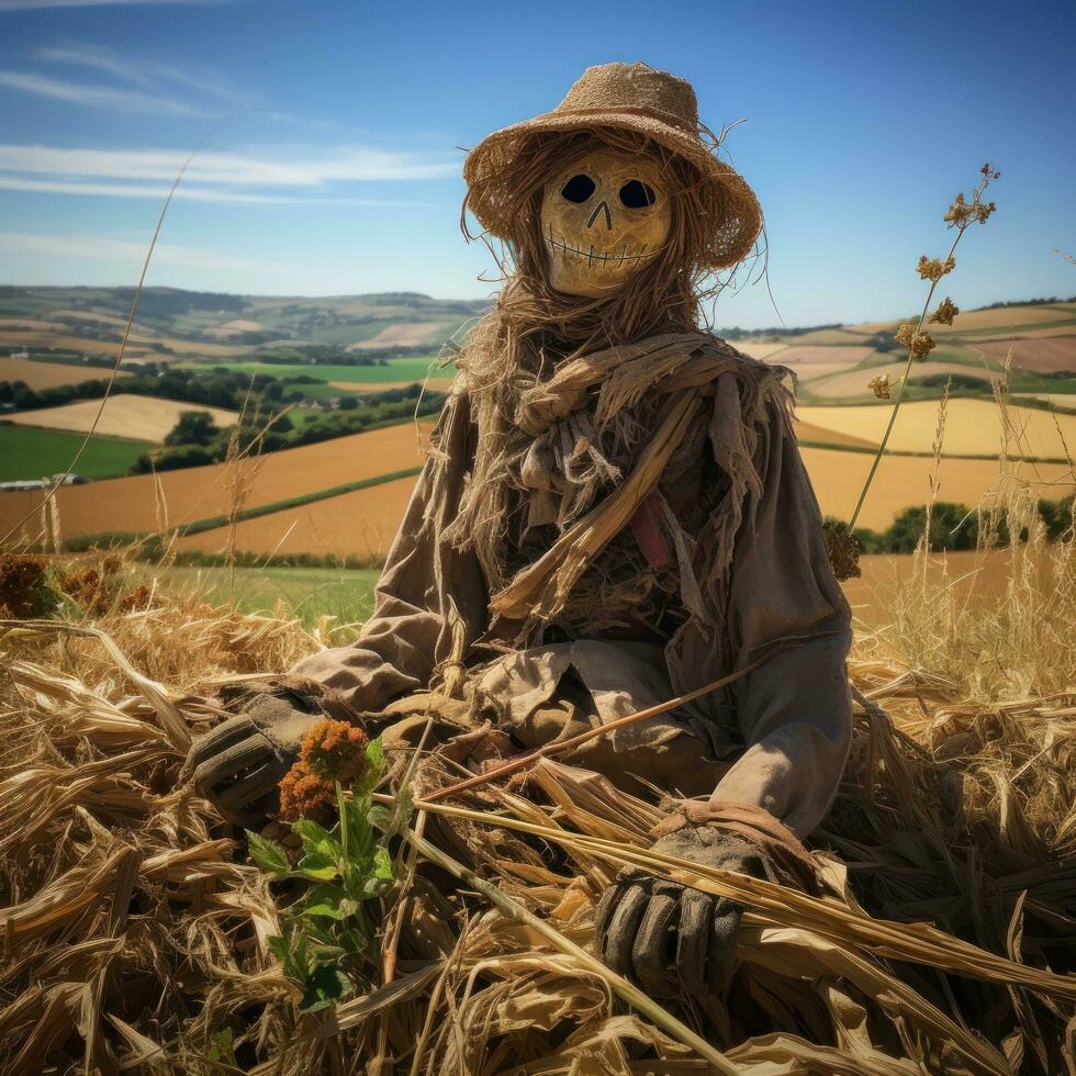 Vogelscheuche Bewachung das Felder im das Landschaft. foto