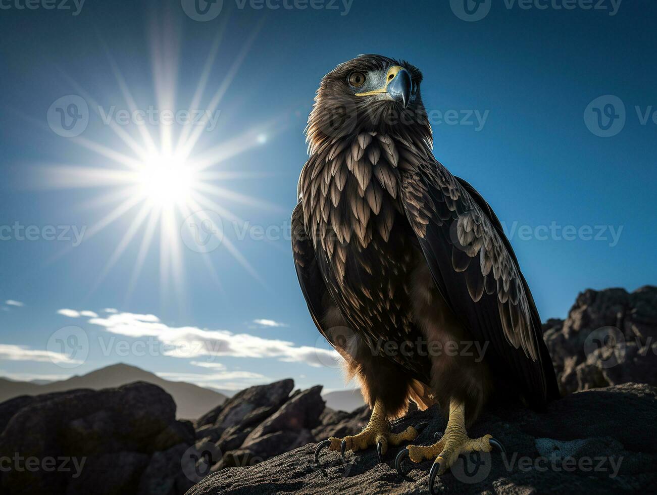 ein Adler mit golden Gefieder und Blau Augen Stehen auf ein Felsen, mit Sonnenuntergang Hintergrund, generativ ai foto