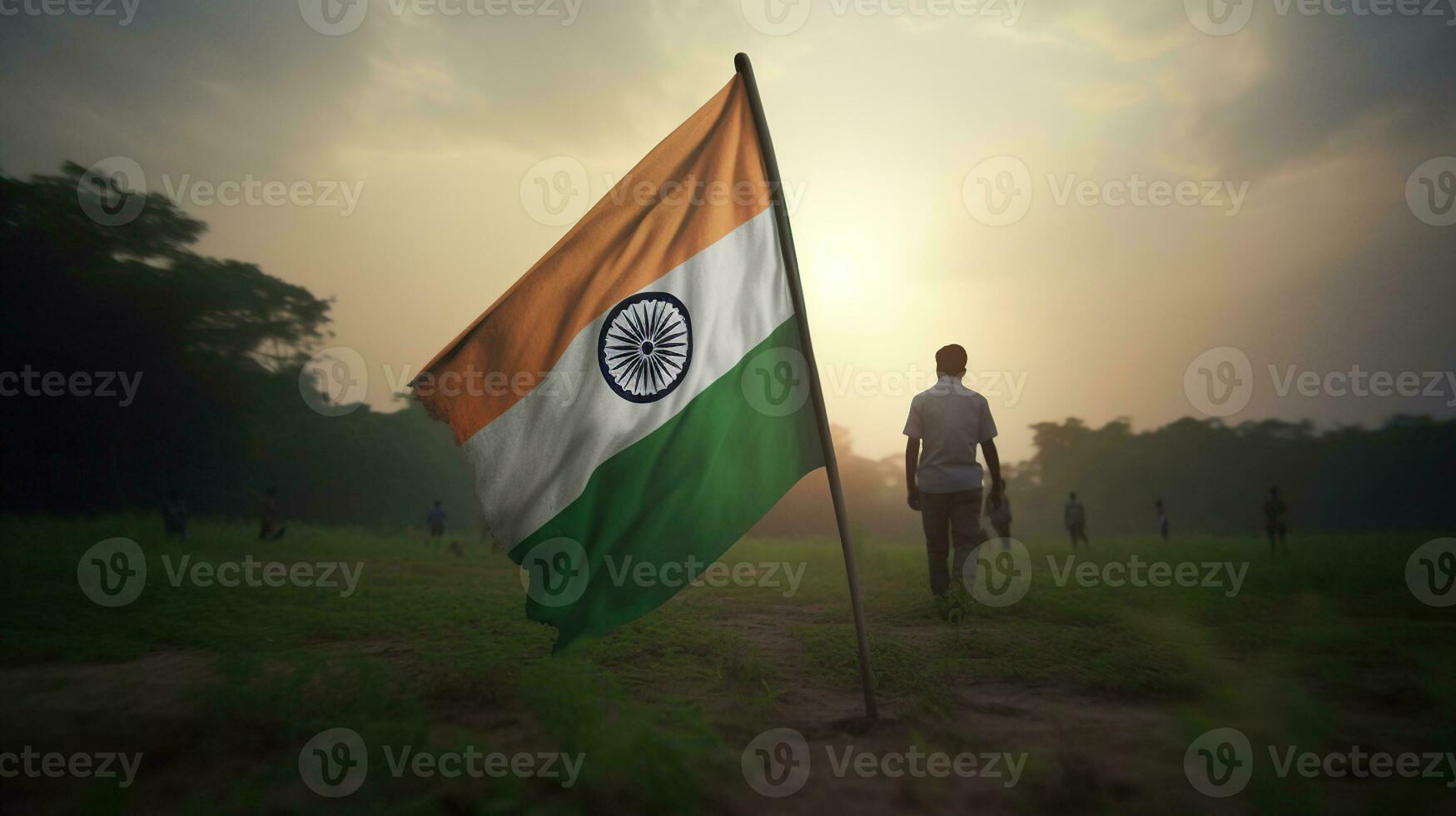 indisch Flagge eingebettet im das Boden und ein männlich Silhouette. 3d Wiedergabe, generativ ai foto