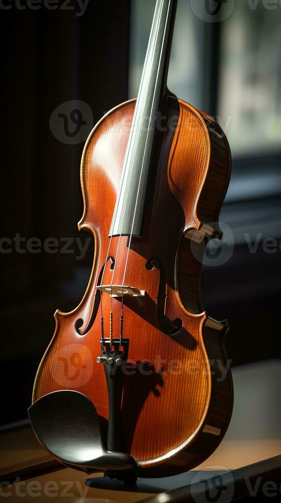 schließen oben von ein Violine auf Glas Oberfläche und hölzern Hintergrund, generativ ai foto