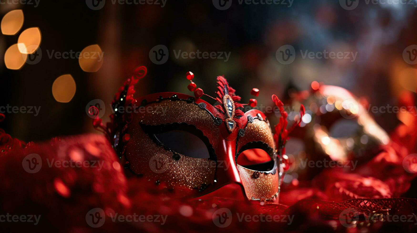 Karneval Party - - venezianisch Masken auf rot funkeln mit glänzend Luftschlangen auf abstrakt defokussiert Bokeh Beleuchtung mit Kopieren Raum zum Text, generativ ai foto