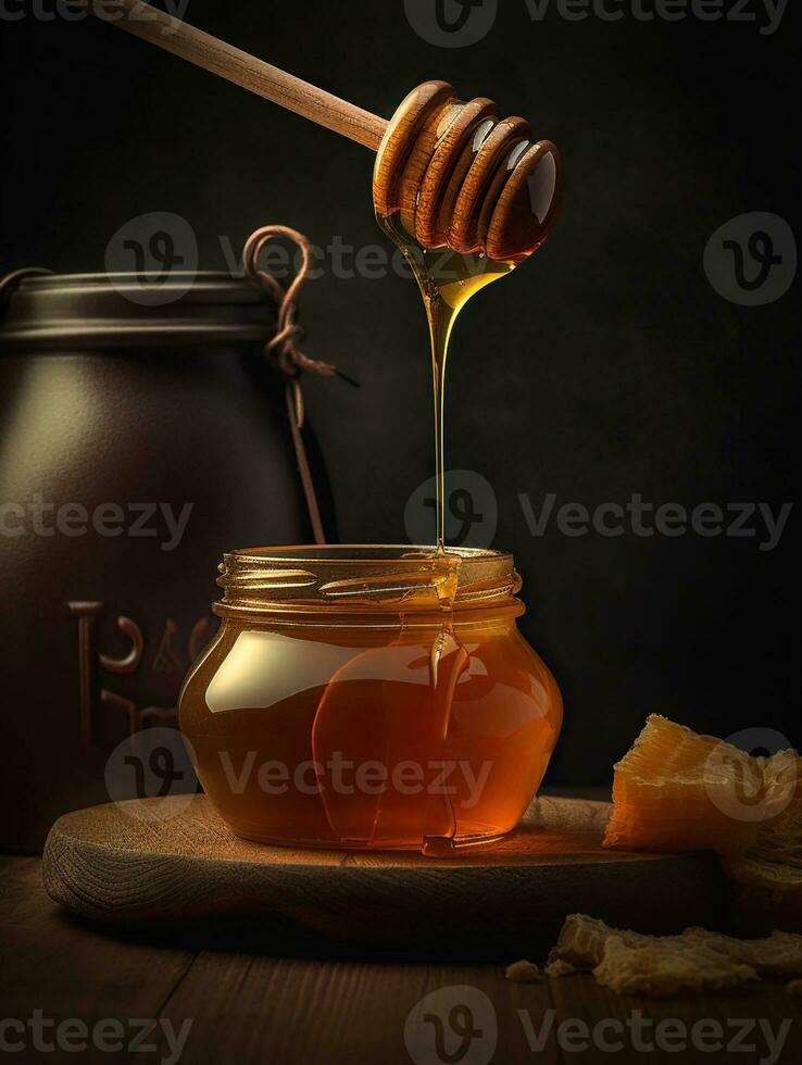 Krug von Honig Honig ist gegossen von ein hölzern Kelle. generativ ai foto