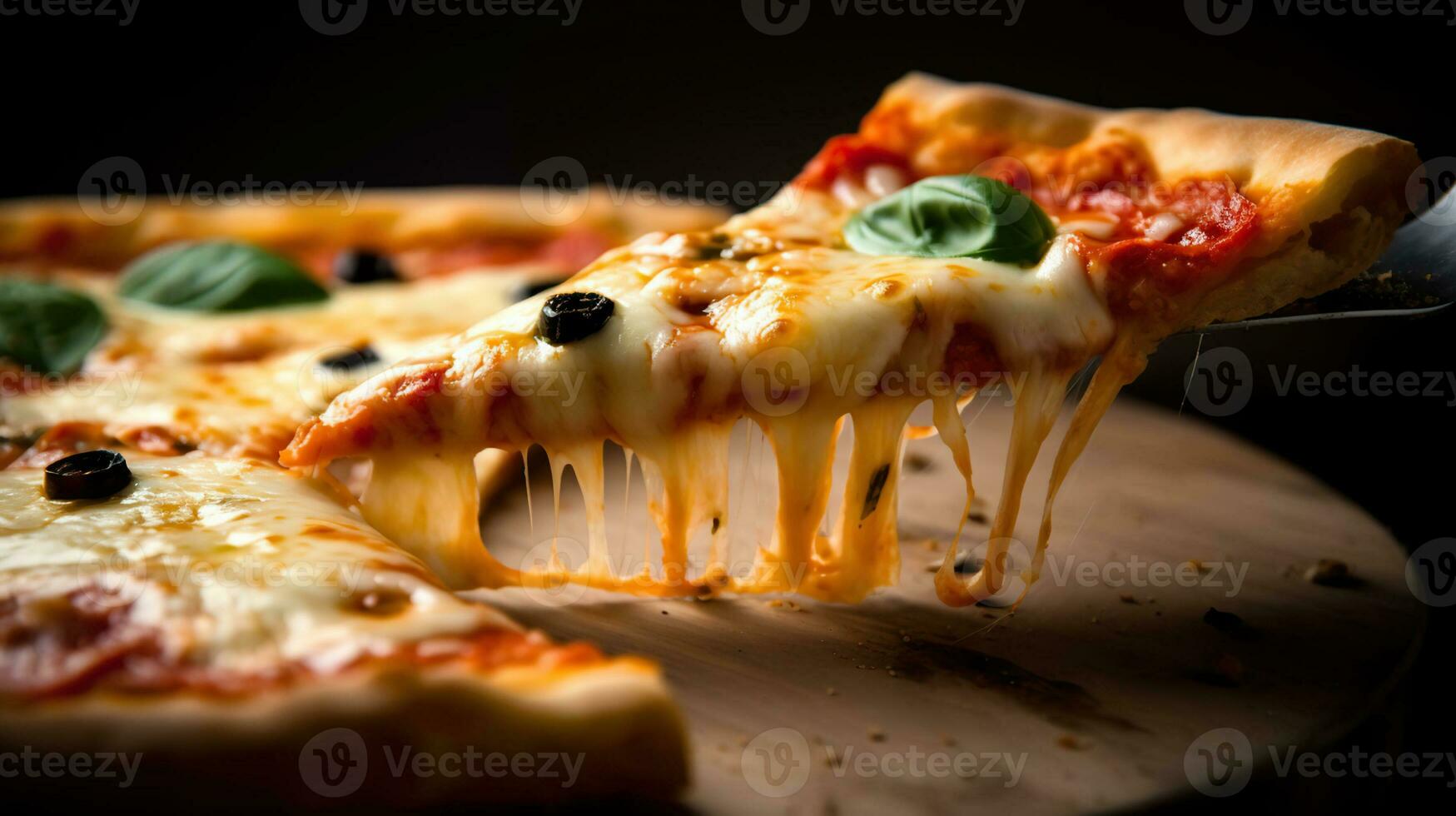 höchste Margherita Pizza angehoben Scheibe, Scharf Fokus auf angehoben Scheibe. generativ ai foto