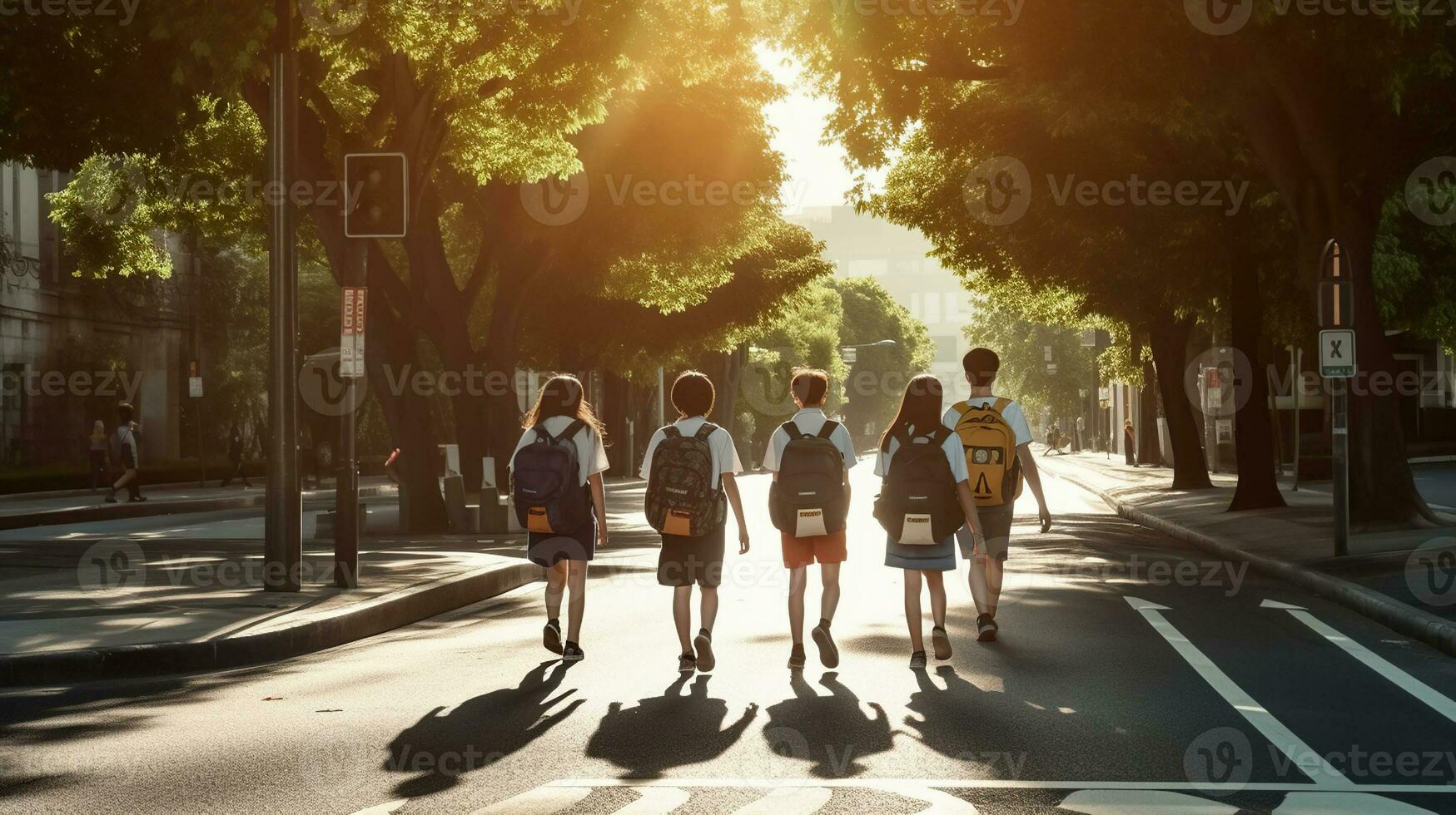 Studenten im Uniformen und Rucksäcke Kreuz das Straße auf ihr Reise zu Schule. generativ ai foto