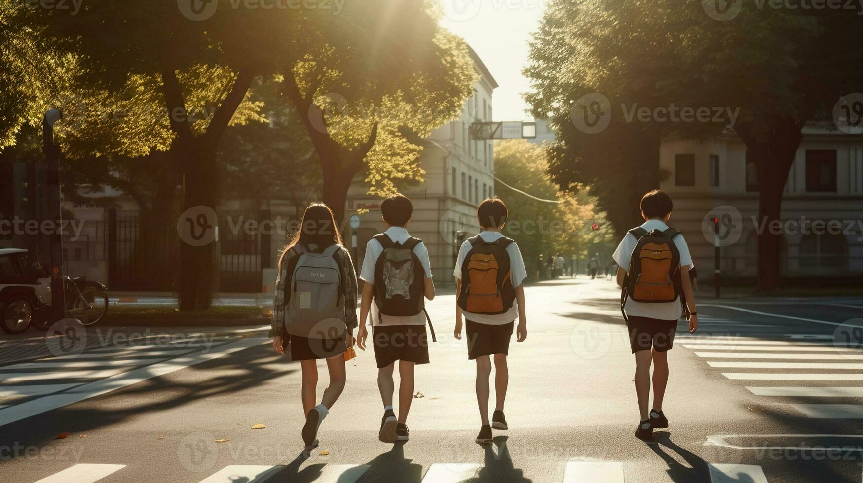 Studenten im Uniformen und Rucksäcke Kreuz das Straße auf ihr Reise zu Schule. generativ ai foto