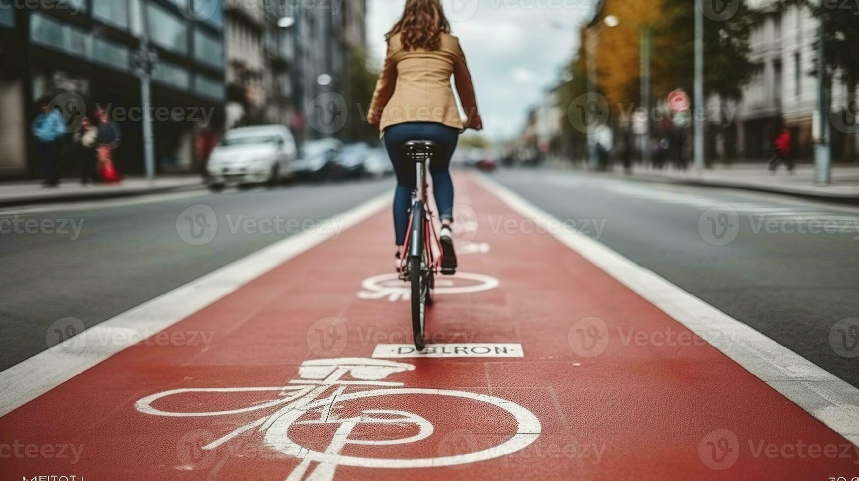 ein Frau Radfahren entlang das rot Fahrrad Fahrbahn, folgenden das Weg von Fahrrad Zeichen. generativ ai foto