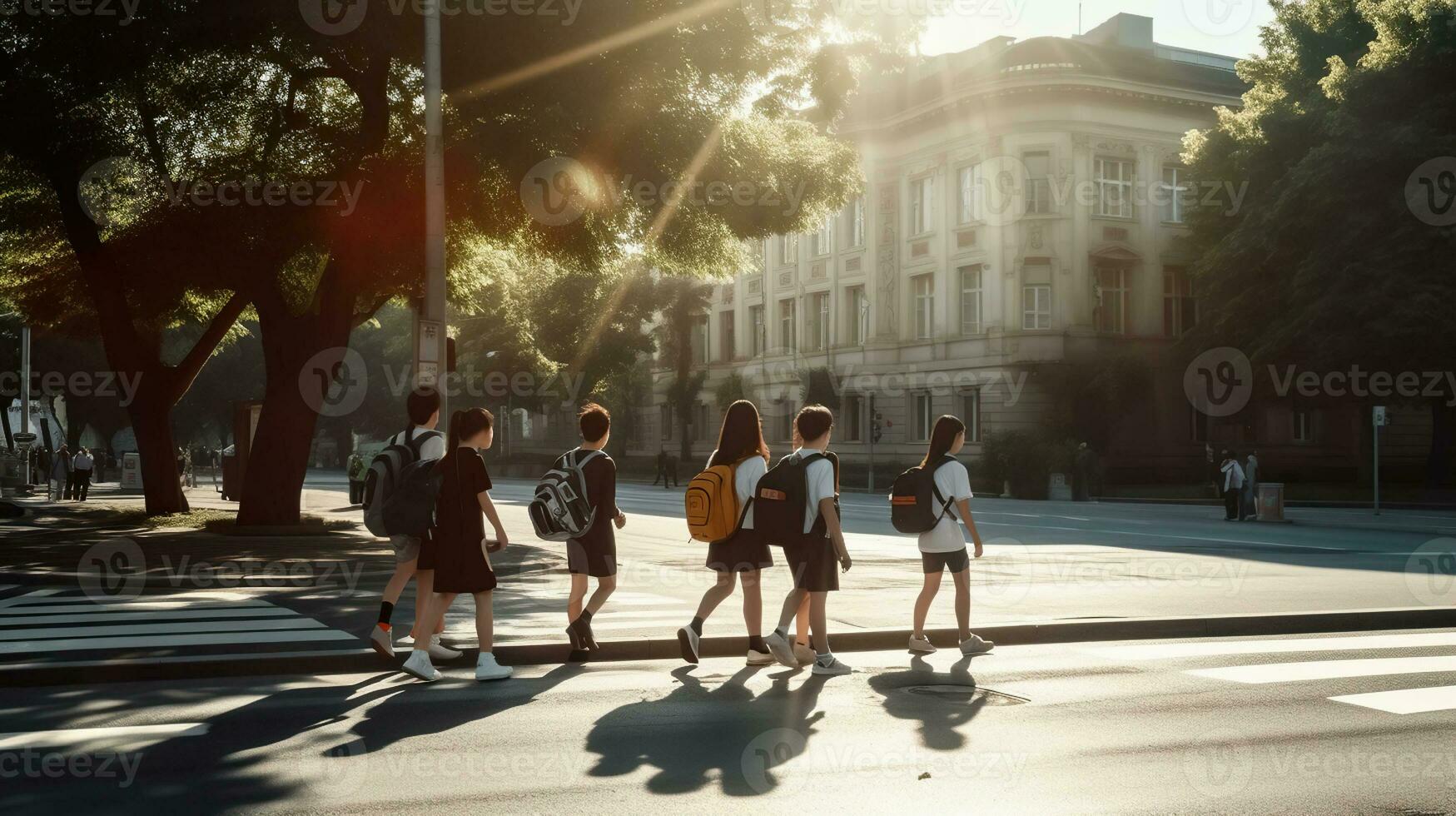 Studenten mit Schule Taschen und Schule Uniformen Kreuzung das Straße auf das Weg zu Schule, das Straße ist gefüttert mit Bäume und das Sonne ist leuchtenden. generativ ai foto