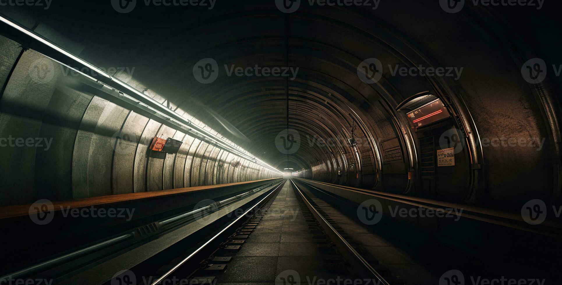 U-Bahn Tunnel mit verschwommen Licht Spuren mit ankommen Zug im das Gegenteil Richtung, generativ ai foto