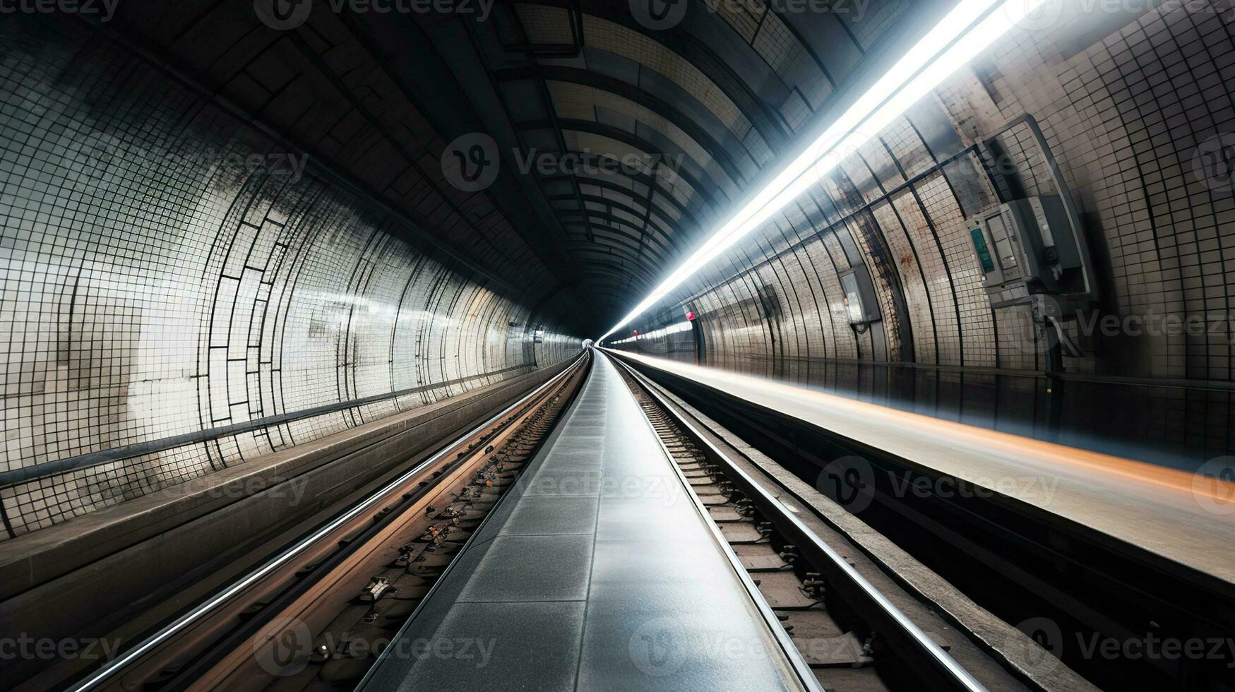 U-Bahn Tunnel mit verschwommen Licht Spuren mit ankommen Zug im das Gegenteil Richtung, generativ ai foto