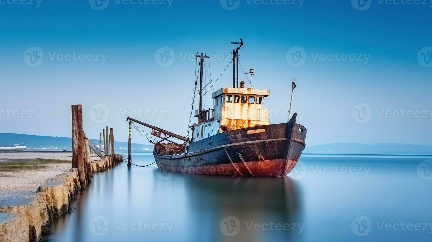 lange Exposition Erfassung von ein alt Schiff beim das Seebrücke inmitten heiter Wasser auf ein Sommer- Tag. generativ ai foto