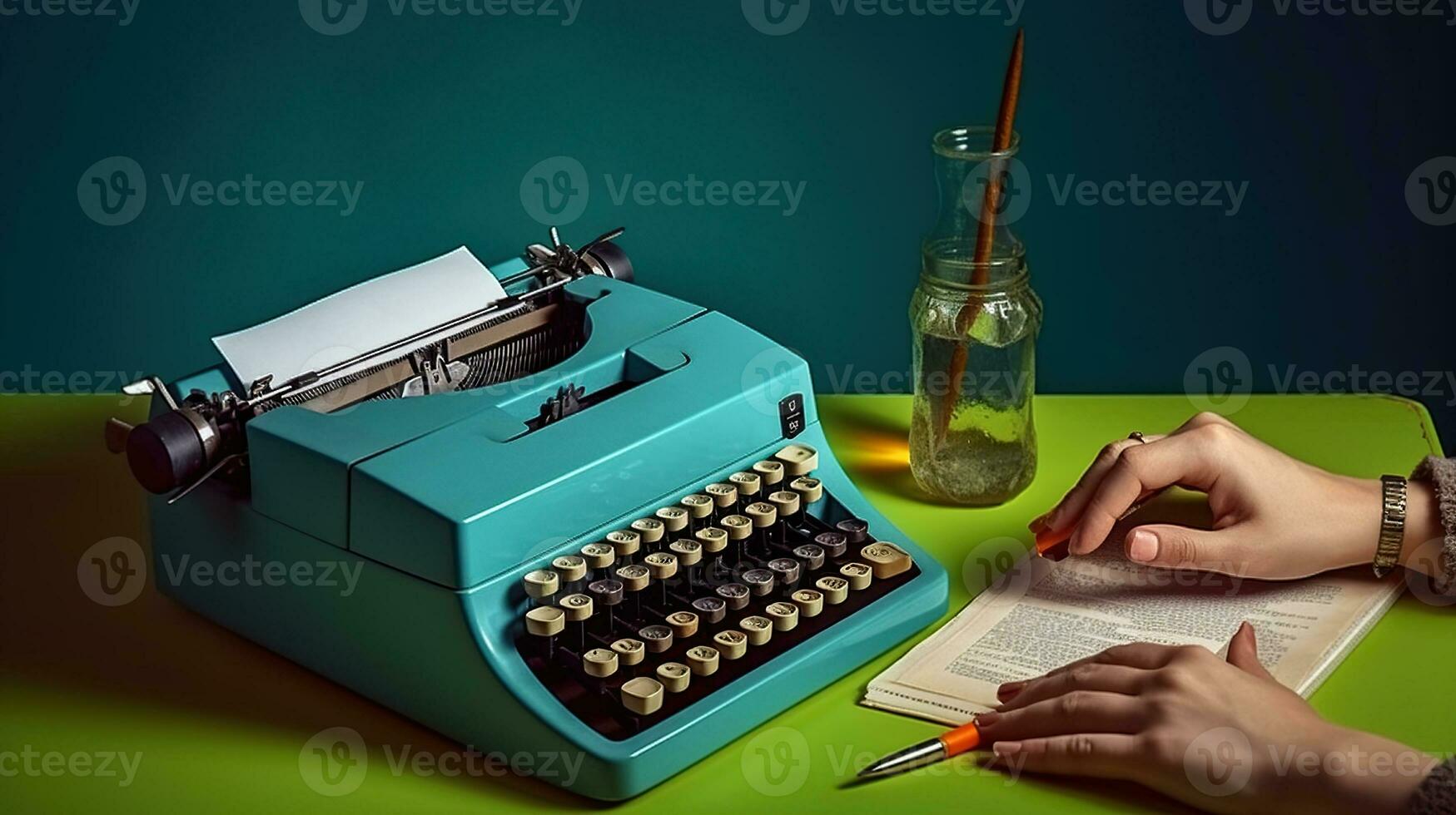 Enthüllung Inspiration, ein mysteriös Persona mit ein Glas von Wein und ein alt Schreibmaschine, umgeben durch ein fesselnd zweifarbig Einstellung. generativ ai foto