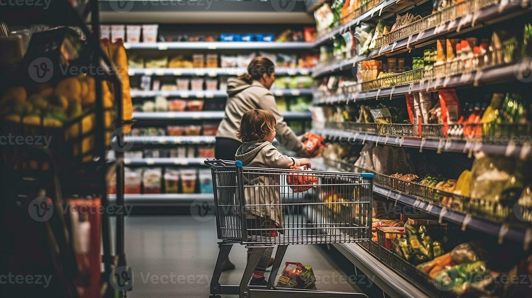 ein jung Mutter und ihr Baby mit ein Lebensmittelgeschäft Wagen wählen Essen auf ein Supermarkt Regal. generativ ai foto