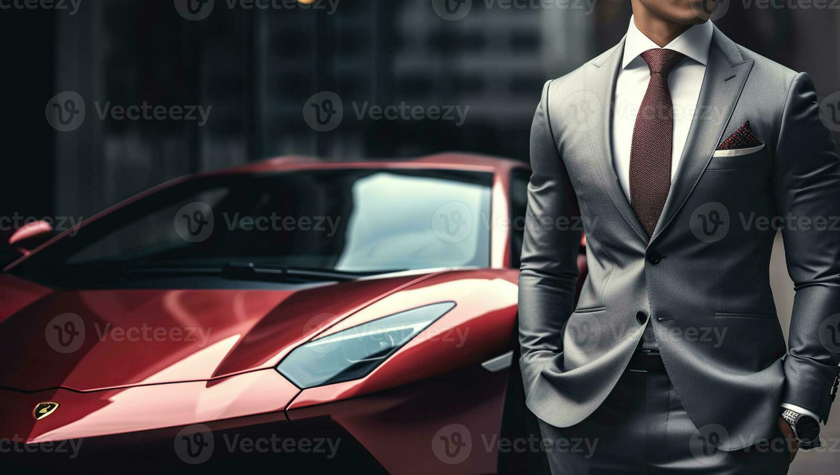 das wohlhabend Gentleman umarmt Luxus, posieren neben ein phänomenal Supersportwagen. generativ ai foto