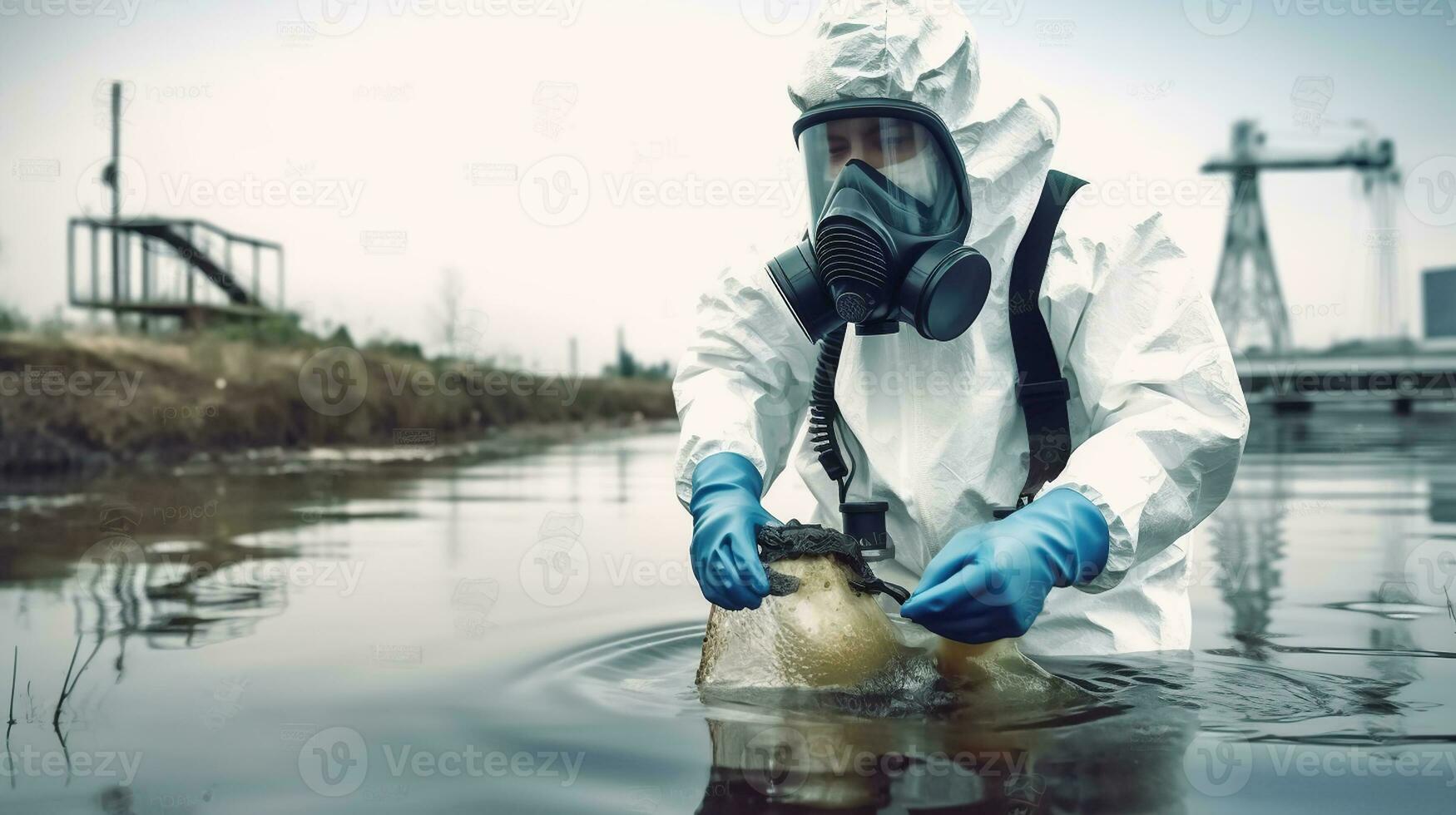 Mitarbeiter tragen Weiß chemisch schützend Maske und radioaktiv schützend passen prüfen Wasser Qualität von chemisch Pflanzen oder Fabrik im Fluss, generativ ai foto