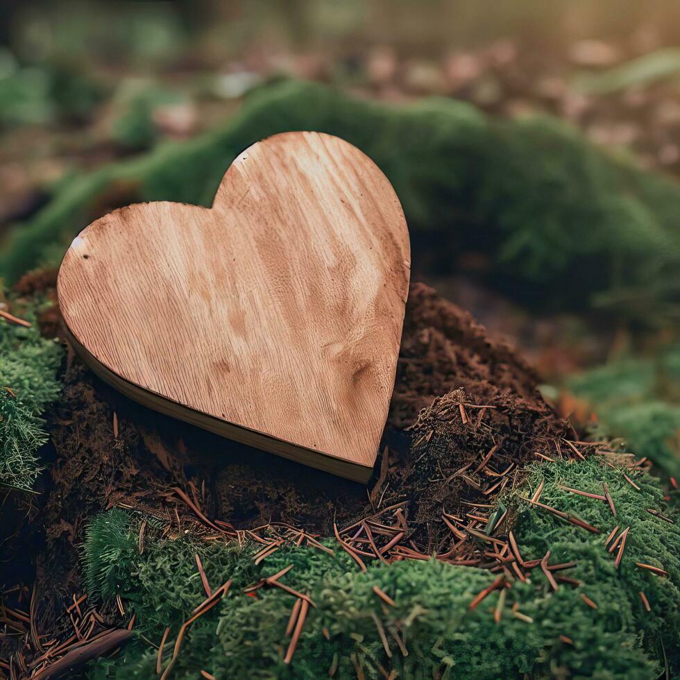 Beerdigung Herz Sympathie oder hölzern Beerdigung Herz in der Nähe von ein Baum. natürlich Beerdigung Grab im das Wald. Herz auf Gras oder Moos. Baum Beerdigung, Friedhof und alle Heilige Tag Konzepte generativ ai foto