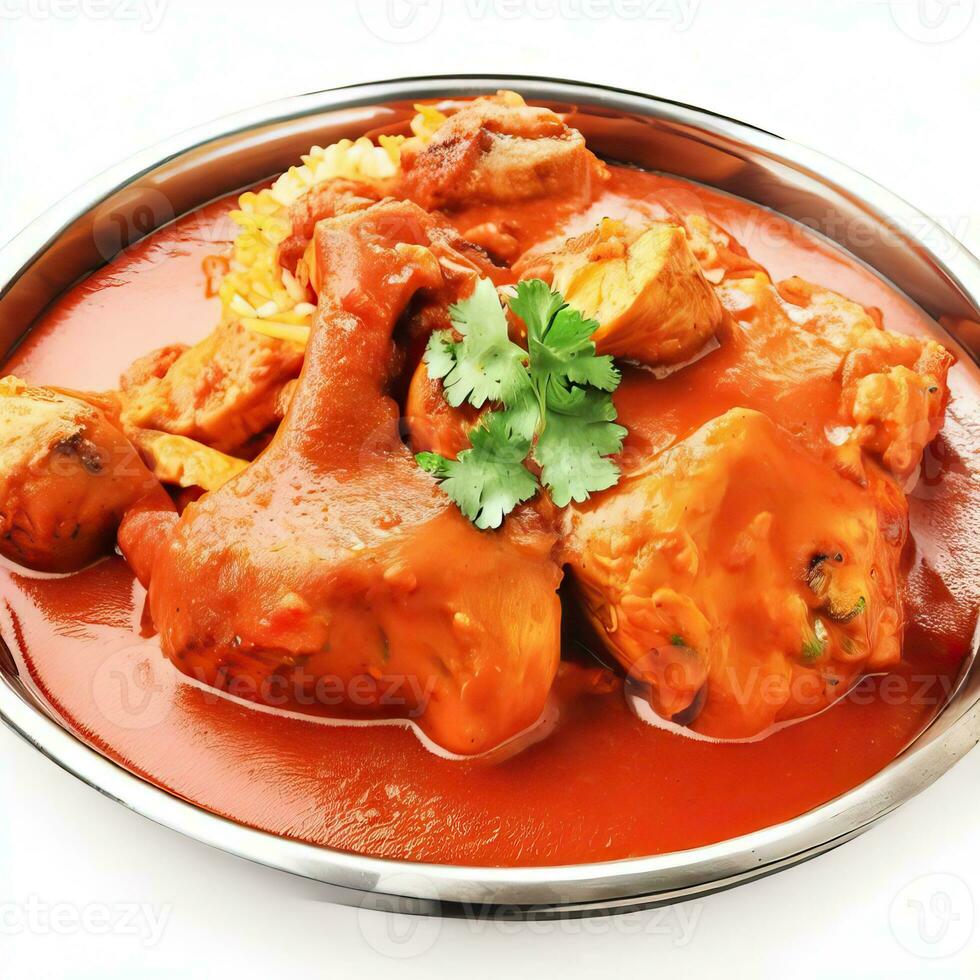 indisch Essen oder indisch Curry im ein Kupfer Messing- Portion Schüssel, Hähnchen Curry, Indien, indisch Stil Fleisch Gericht, oder Hammelfleisch Curry im ein Kupfer Messing- Schüssel isoliert auf a. generativ ai foto