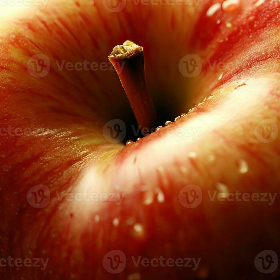 ein Nahansicht von ein rot Apfel mit Wasser Tropfen auf es generativ ai foto