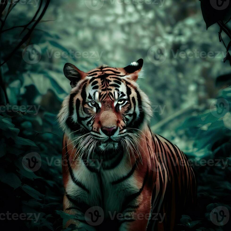 ein Tiger im das Urwald mit das Wörter Tiger im das Ecke ein Tiger im das Urwald generativ ai foto