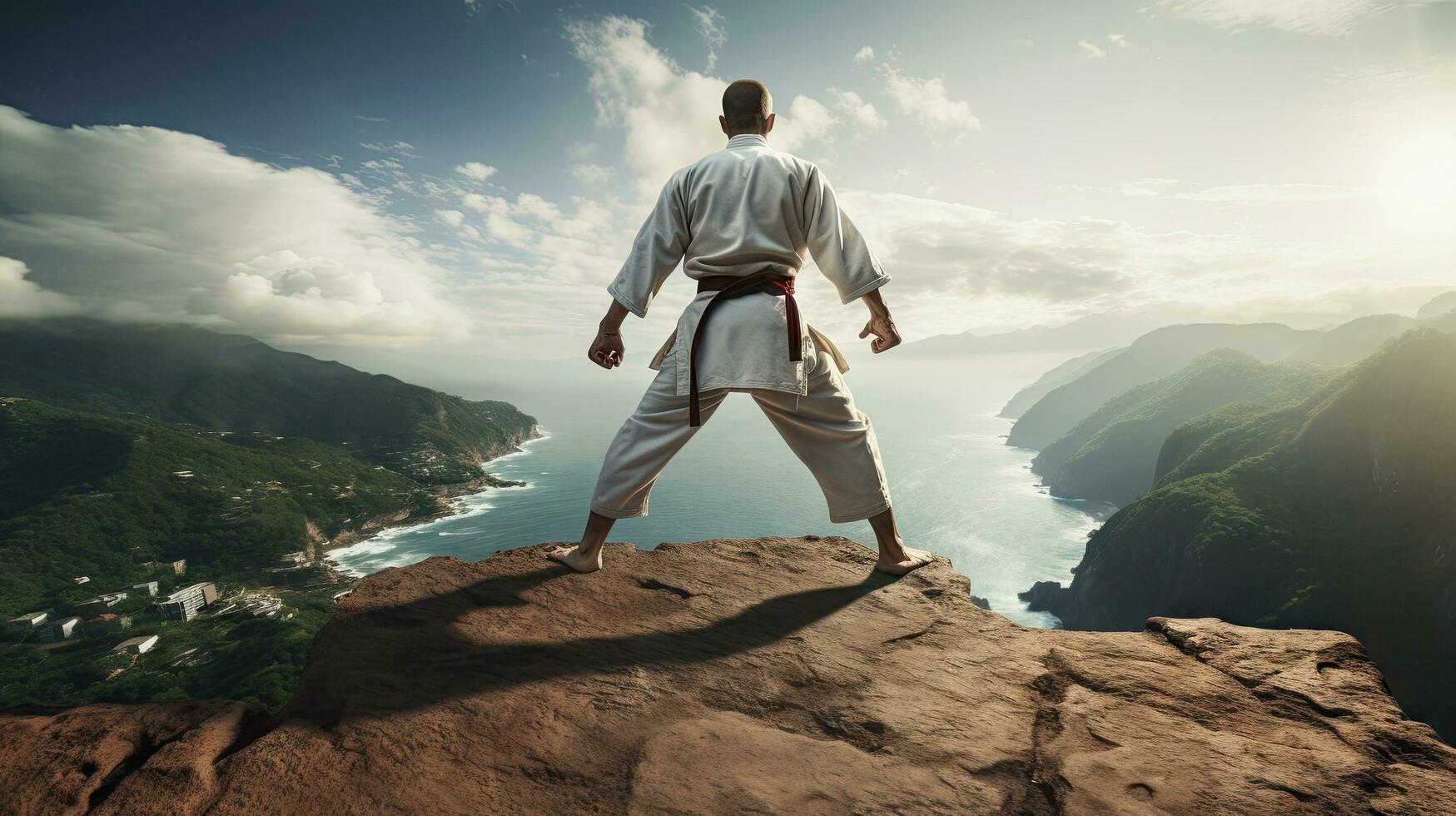 isoliert Weiß Karate Kämpfer im Weiß Uniform Stehen im das Mitte von ein Cliff foto