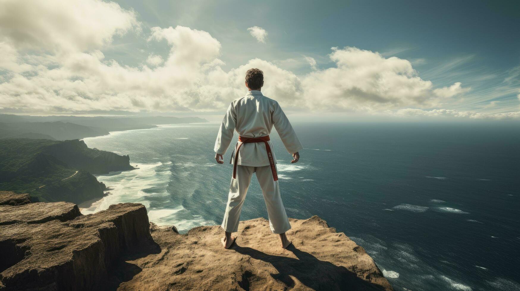 isoliert Weiß Karate Kämpfer im Weiß Uniform Stehen im das Mitte von ein Cliff foto