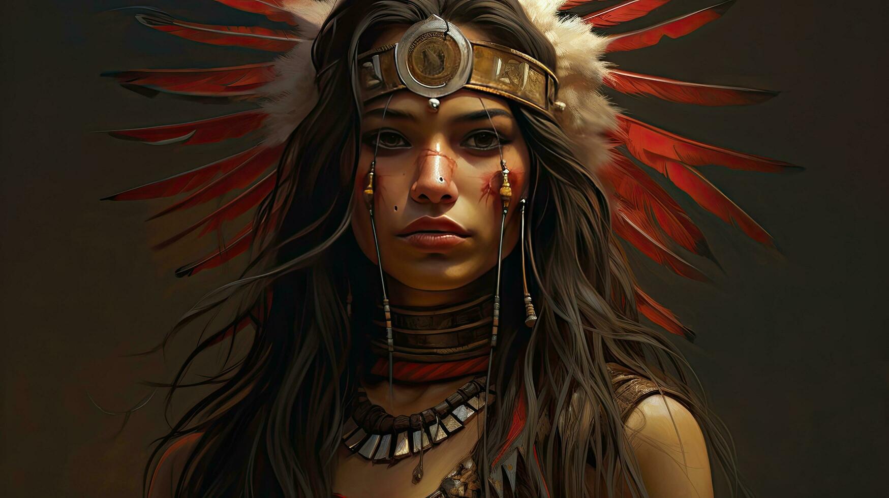 schön rot indisch Frau mit groß amerikanisch indisch Feder Hintergrund foto