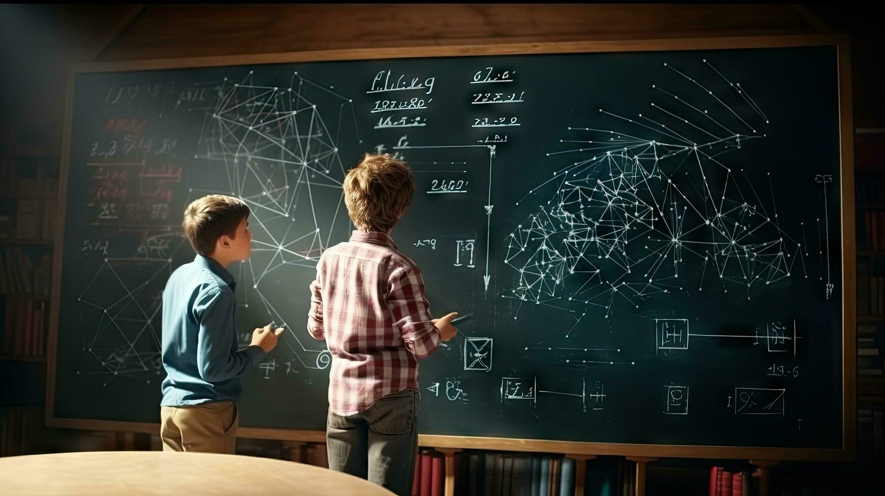 Schule Kinder schreiben Mathematik Formeln auf das Tafel. asiatisch primär Schule Studenten sind lösen geometrisch Probleme auf das Tafel foto