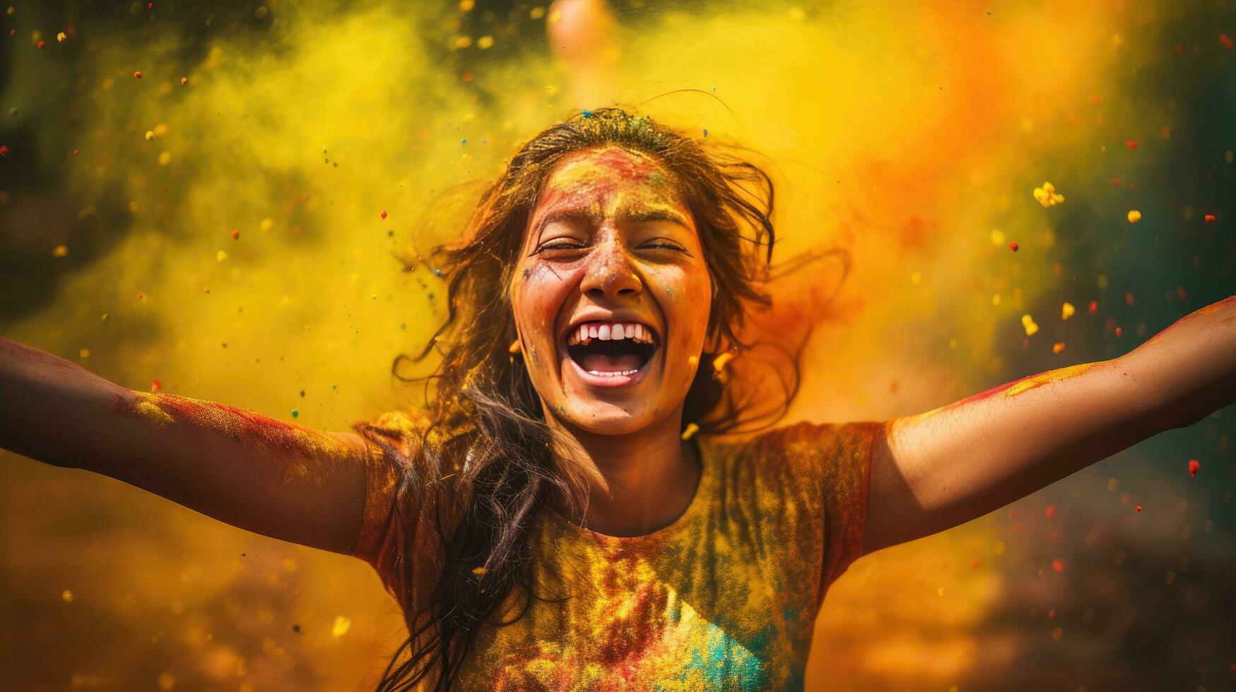 schön glücklich indisch Frau feiert holi mit farbig Pulver oder gulal. indisch Festival holi foto