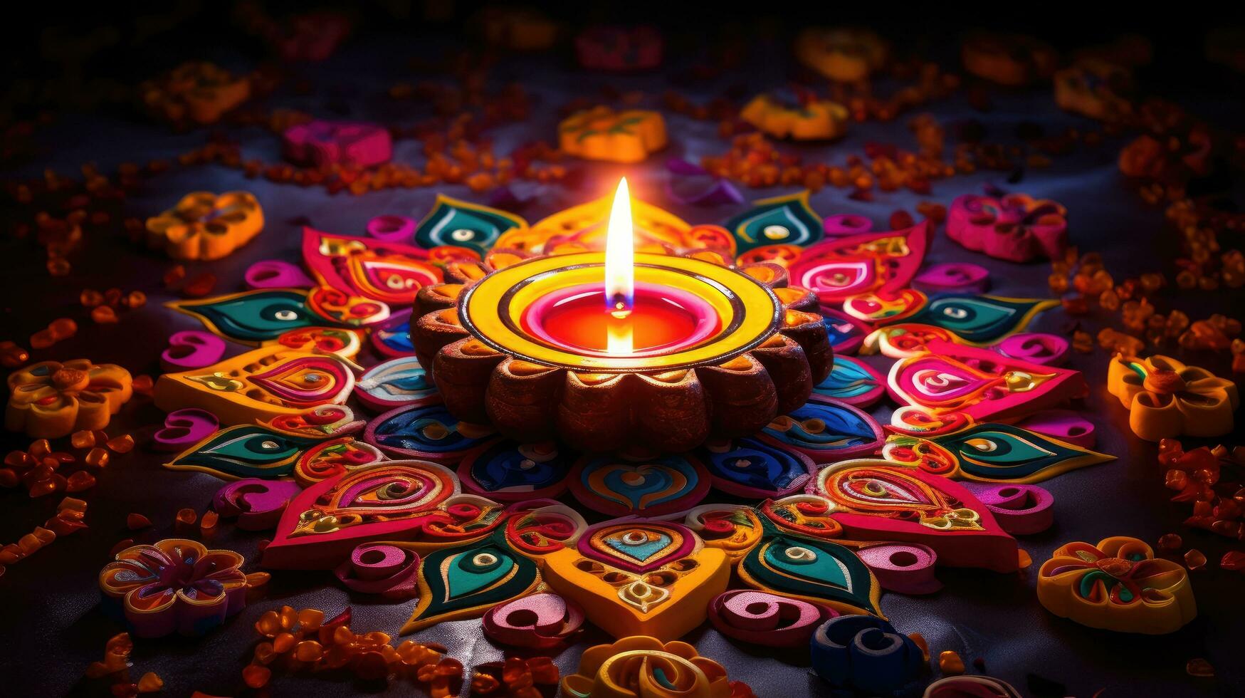 Öl Lampen zündete auf bunt Rangoli während Diwali Feier bunt Lehm Diya Lampen mit Blumen foto