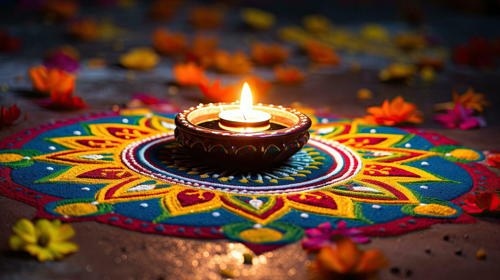 Öl Lampen zündete auf bunt Rangoli während Diwali Feier bunt Lehm Diya Lampen mit Blumen foto