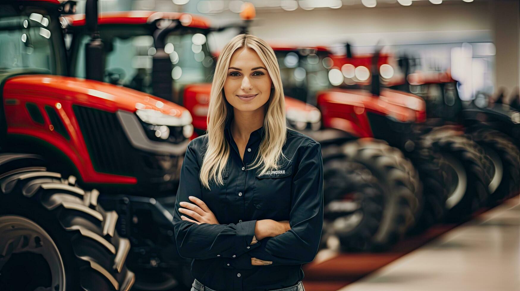 weiblich Traktor Verkäufer steht im Ausstellungsraum und Garantien schonen Teile und Bedienung von landwirtschaftlich Maschinen. foto