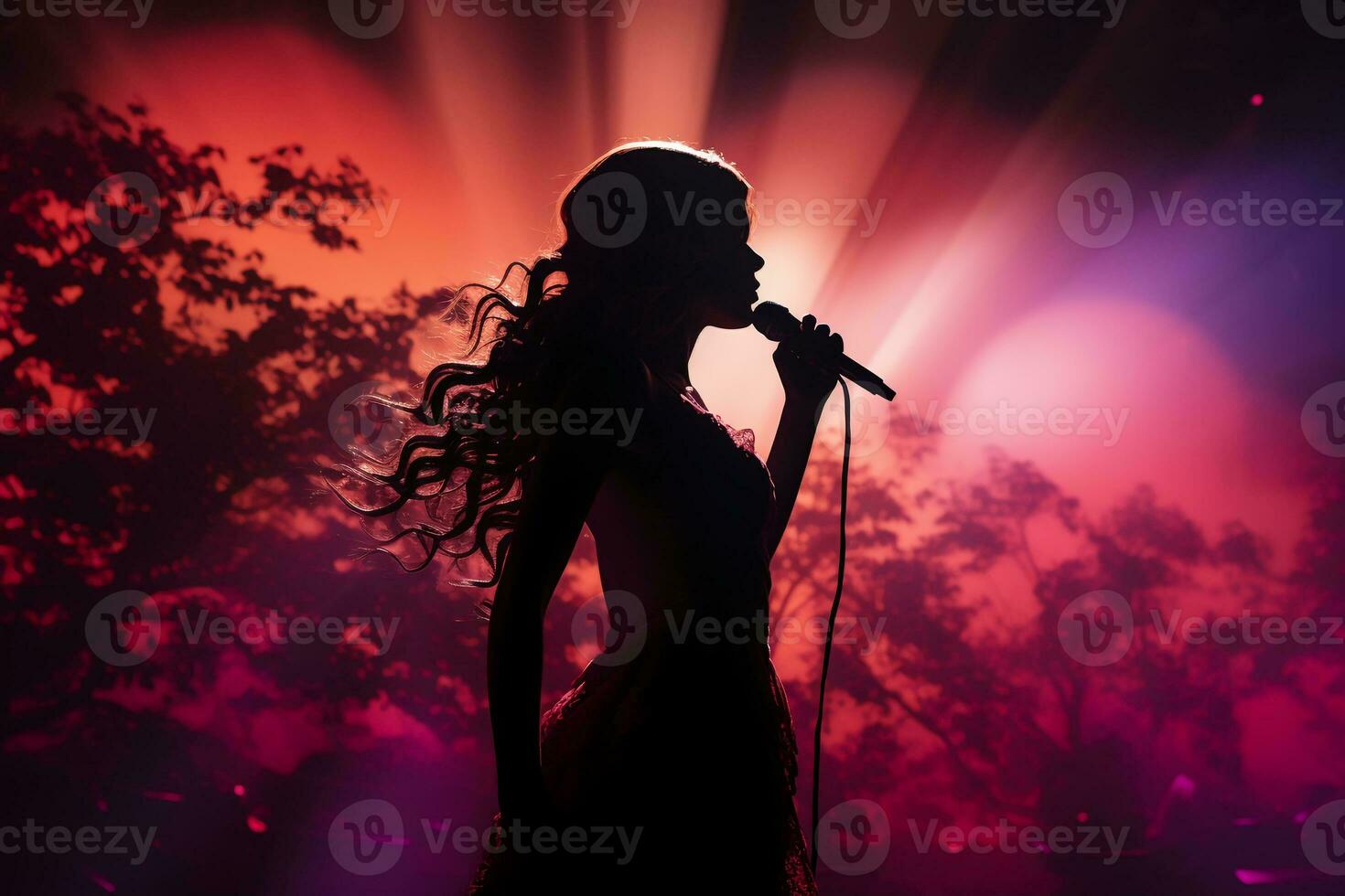 stilvoll Fotografie von Folklore Mädchen Singen zu ein Mikrofon auf Bühne. ai generativ foto