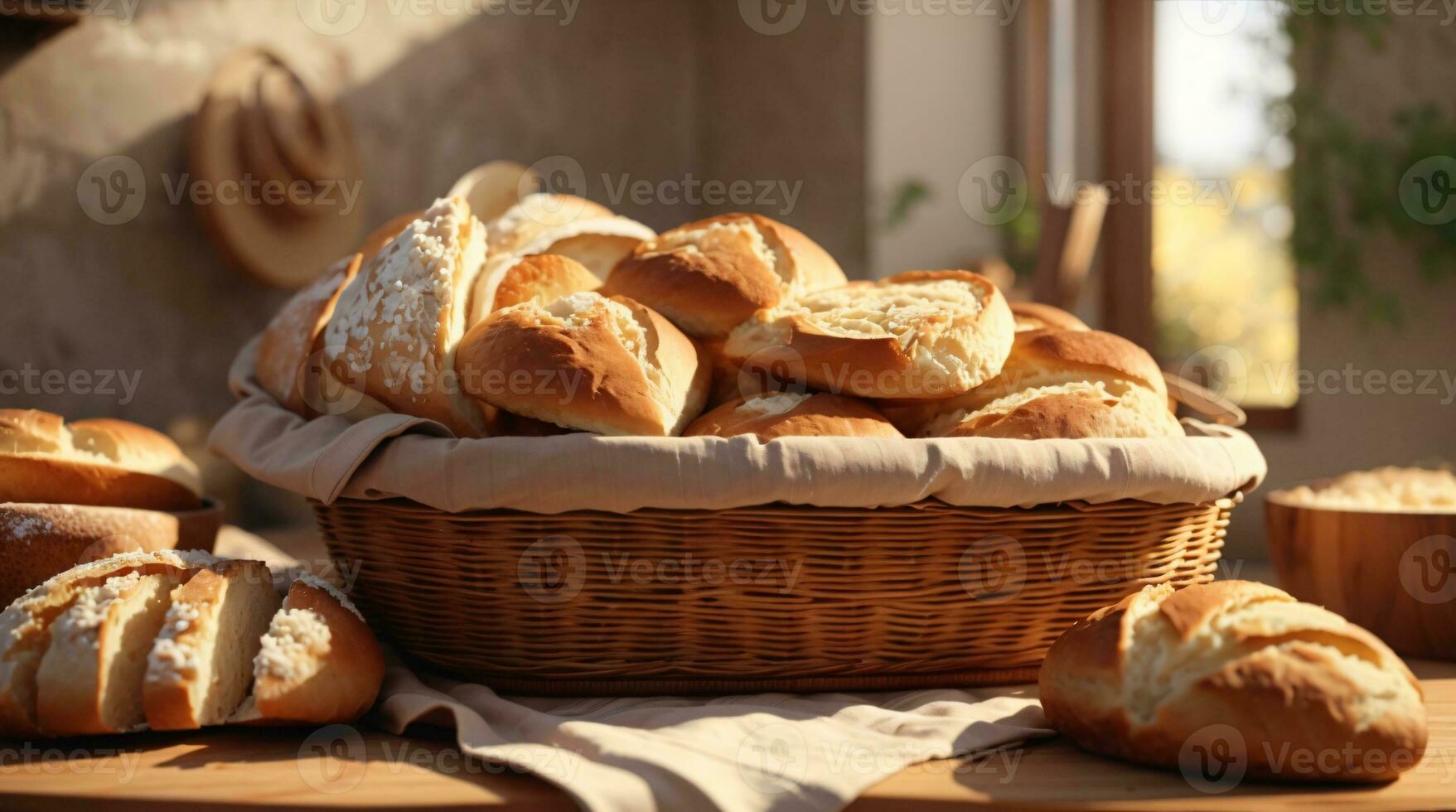Scheibe von ein Brot Foto im ein hölzern Tablett oder Korb