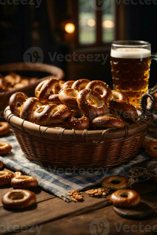 Oktoberfest Anordnung mit köstlich Brezel und Bier Festival foto