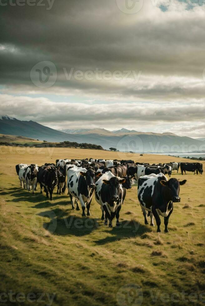 Herde Kühe auf Neu Neuseeland Gras Feld foto