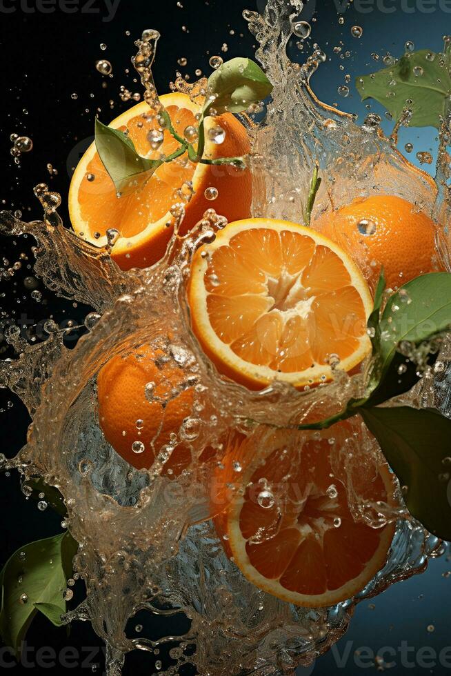 Orange reif mit fliegend Spritzen Über ein Grün Hintergrund foto