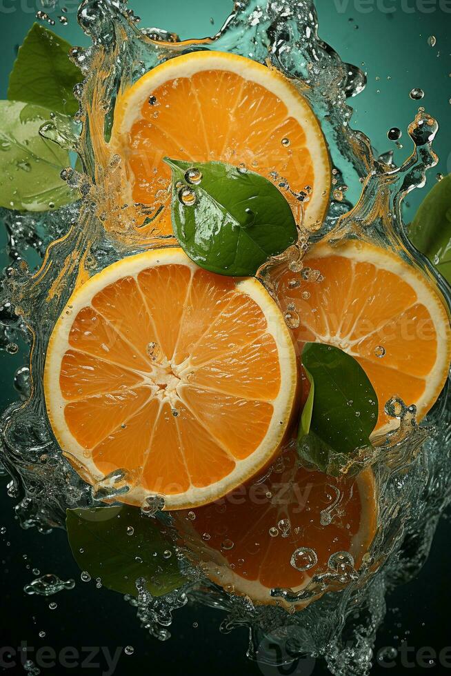 Orange reif mit fliegend Spritzen Über ein Grün Hintergrund foto
