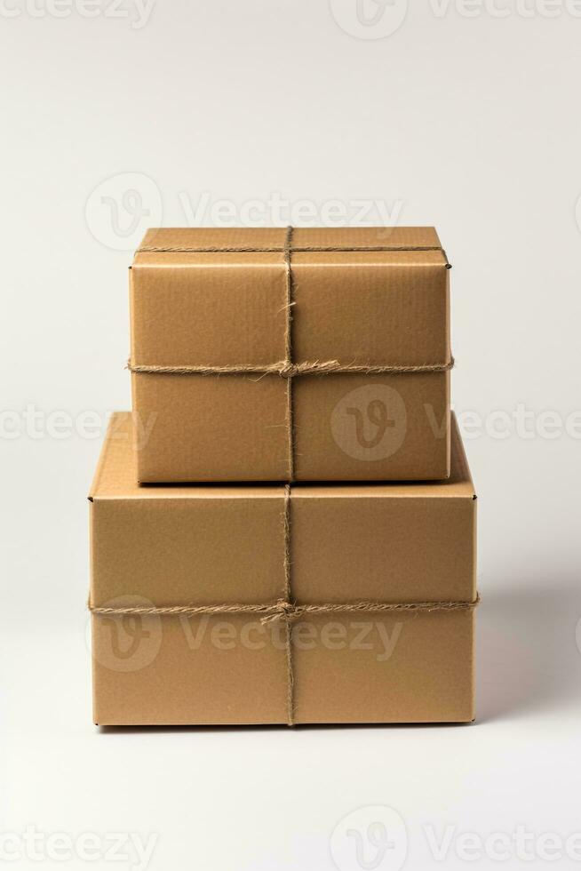 Karton Karton Kisten auf ein Weiß Hintergrund generativ ai foto