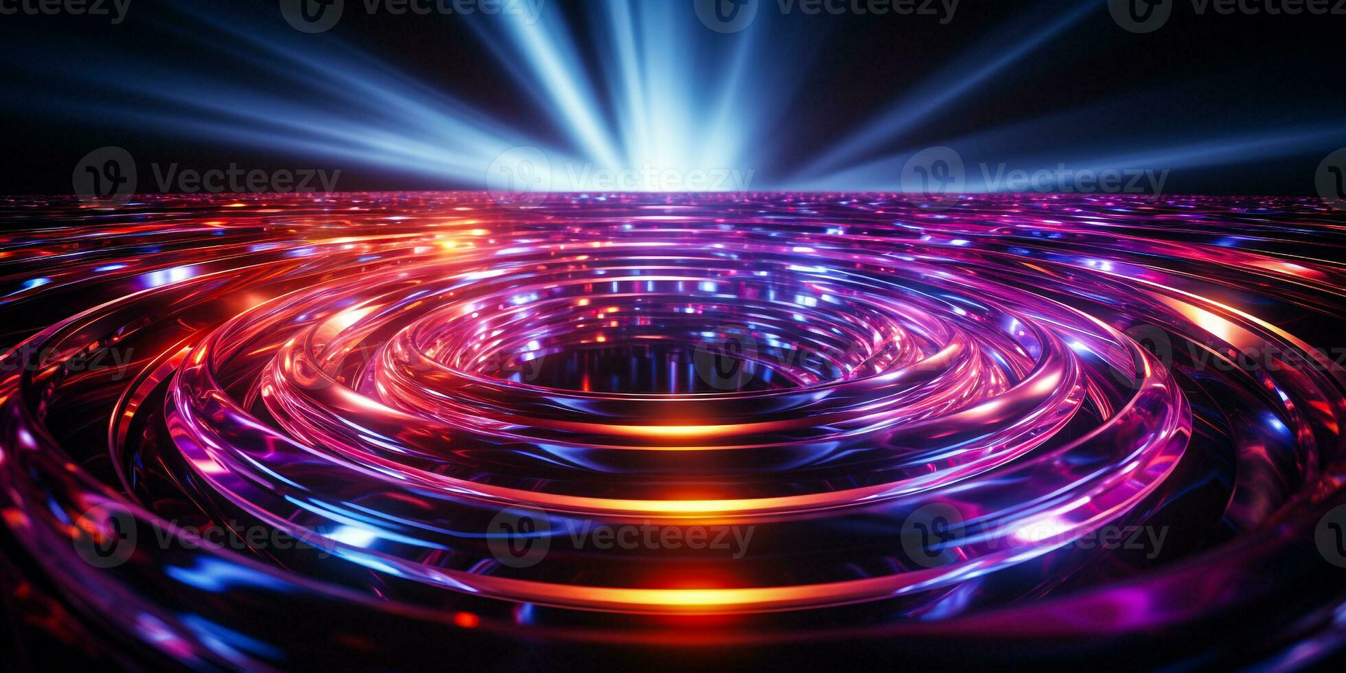 Neon- glühend Spiral- gestalten auf dunkel Hintergrund generativ ai foto