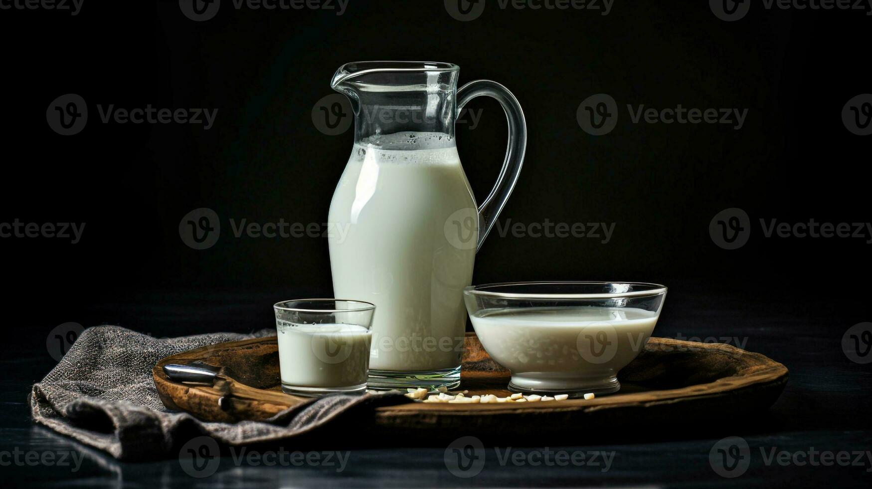 Milch im Glas und Krug und Schüssel auf dunkel Hintergrund generativ ai foto