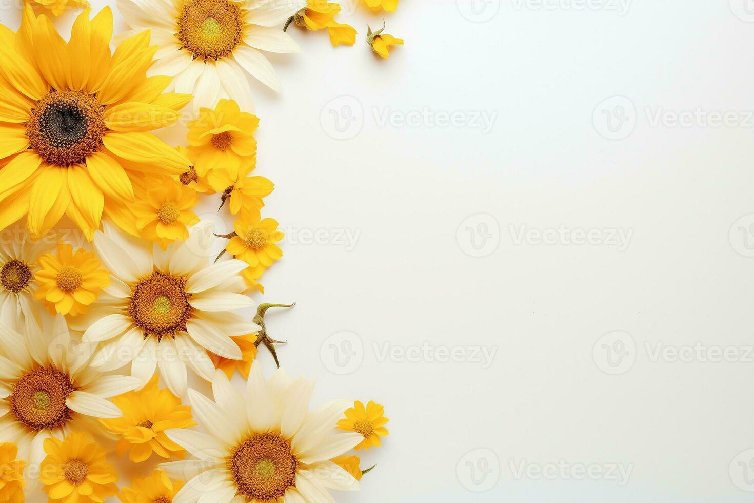 Weiß und Gelb Sonnenblumen Rand auf Weiß Hintergrund generativ ai foto