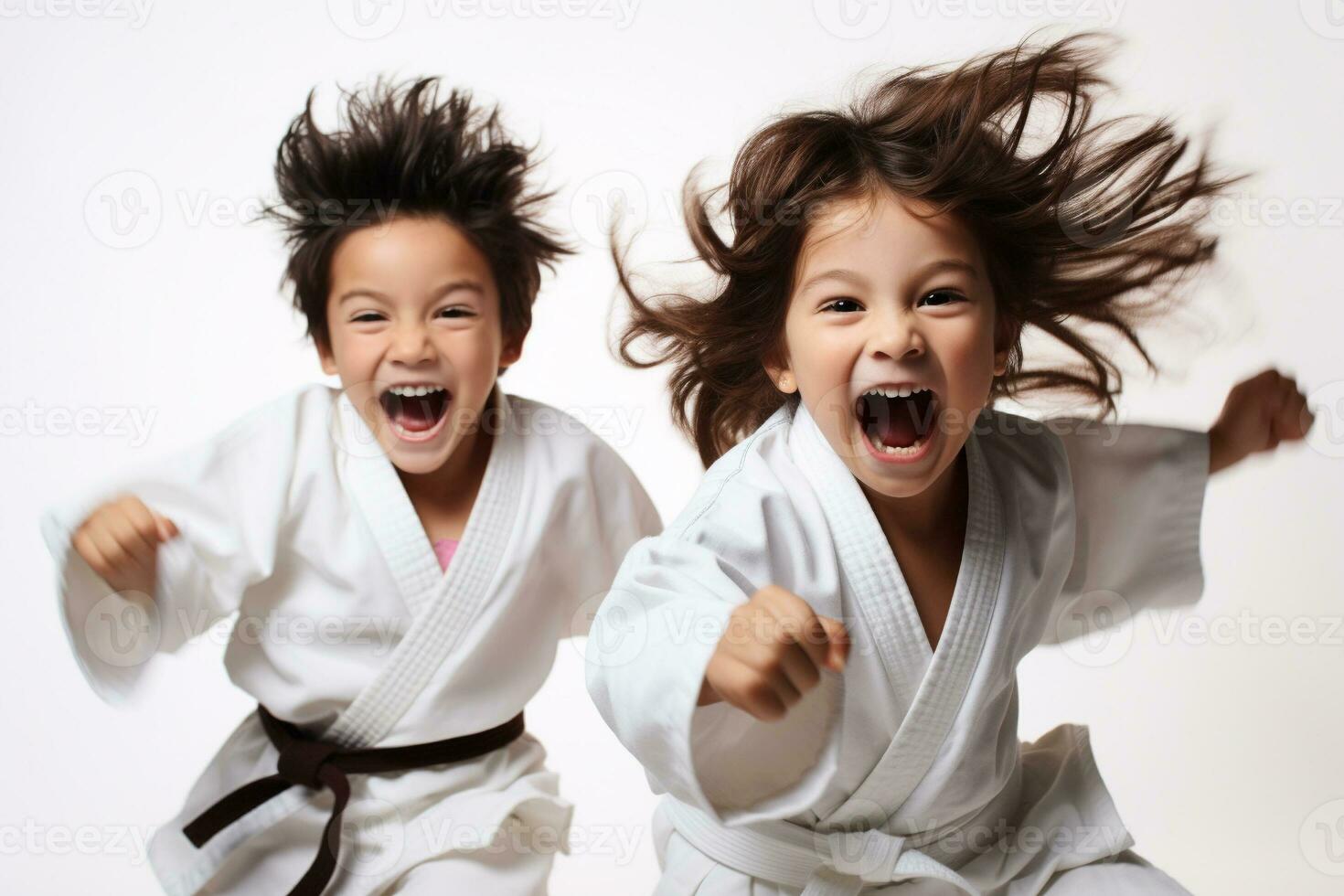zwei Kinder im Karate Uniformen mit voll von Begeisterung auf Weiß Hintergrund generativ ai foto
