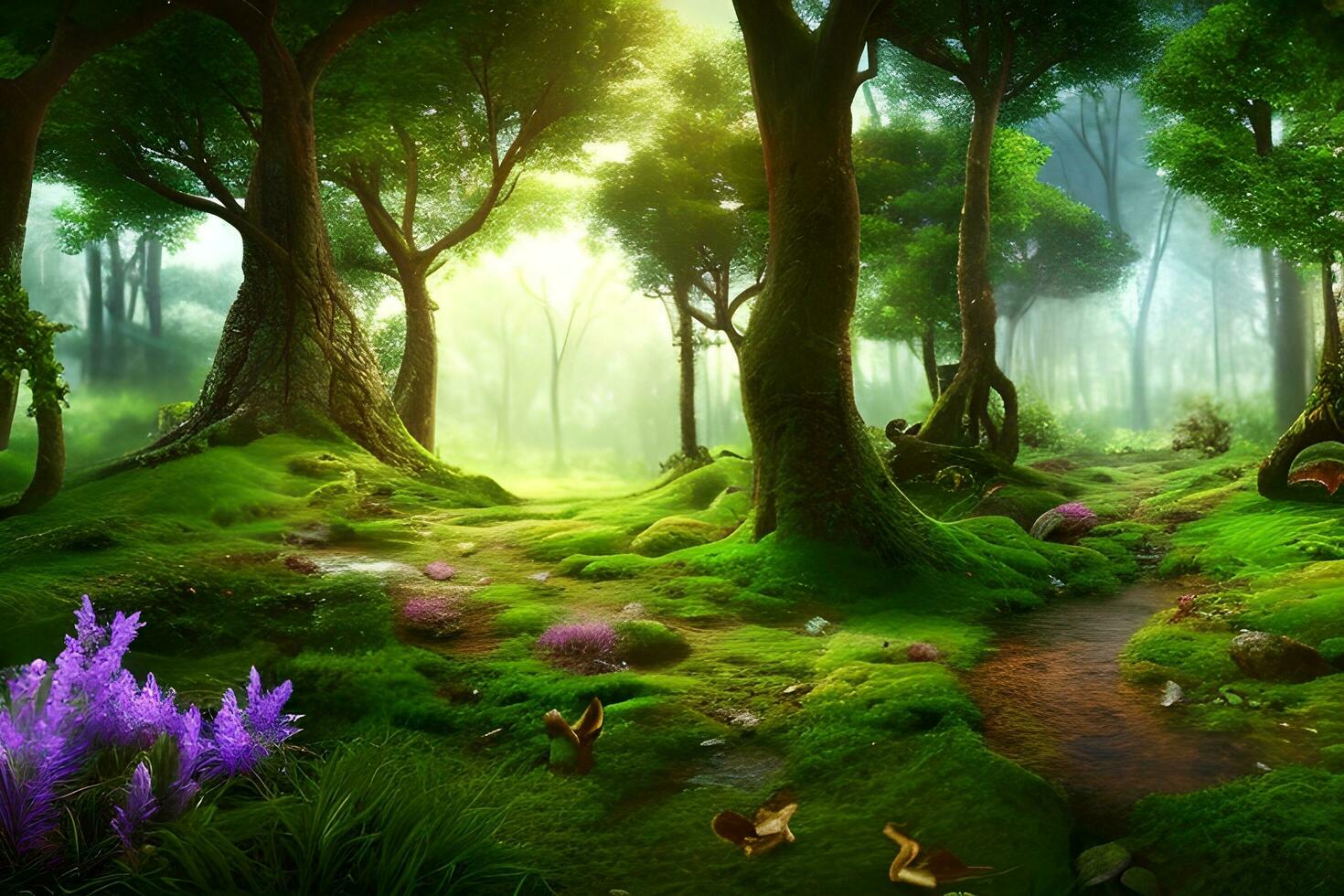 magisch Märchen Wald Hintergrund, magisch Wald Landschaft Hintergrund, Natur Hintergrund, Landschaft Hintergrund, ai generiert foto