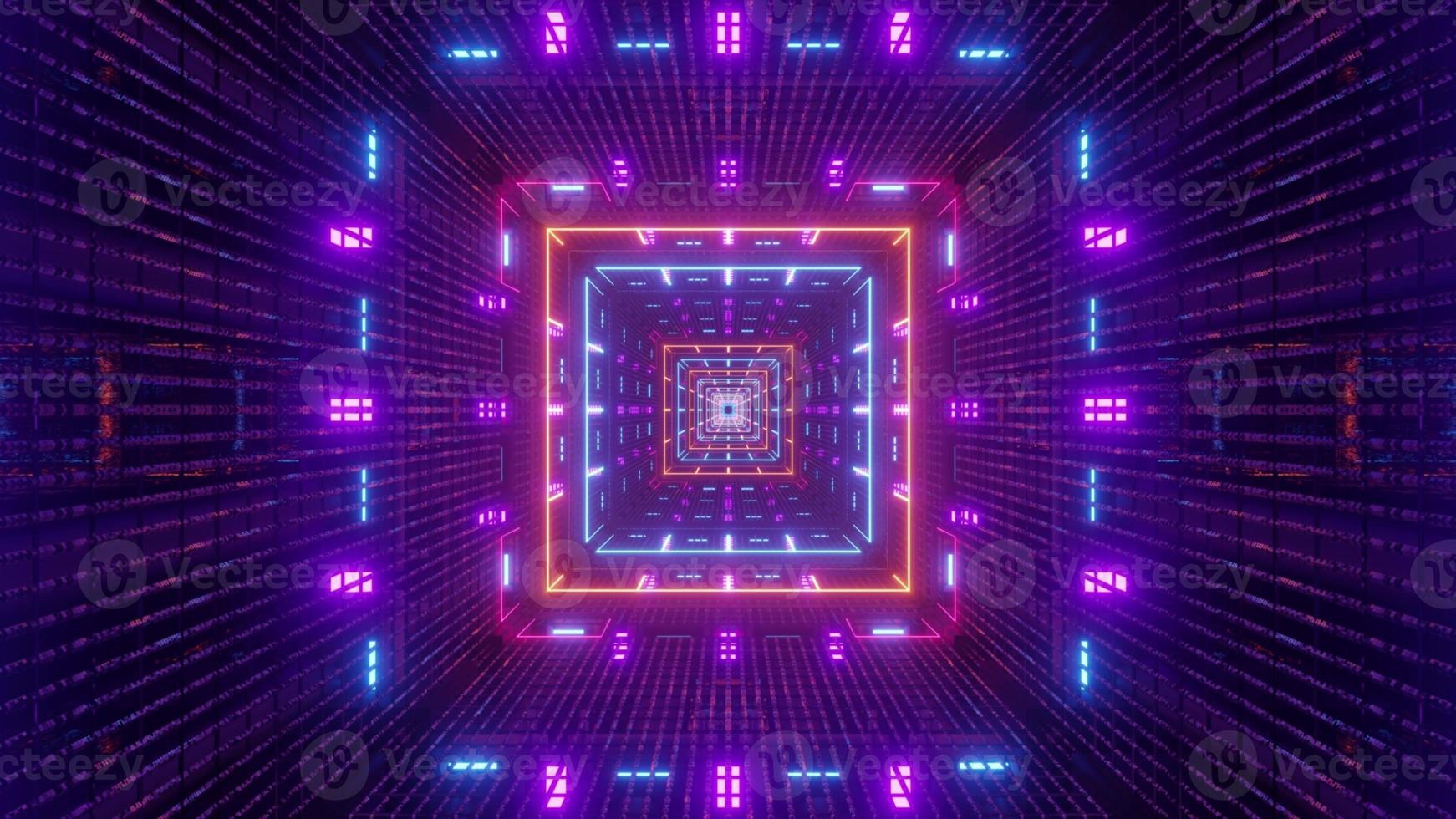 4k uhd 3D-Darstellung des quadratischen Tunnels mit symmetrischer Neonbeleuchtung foto
