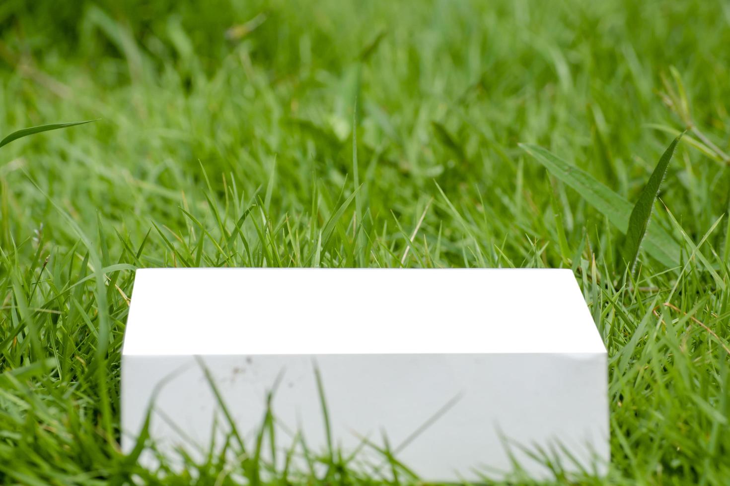 weißes Mockup der Papierkastenschablone auf einem grünen Grashintergrund foto