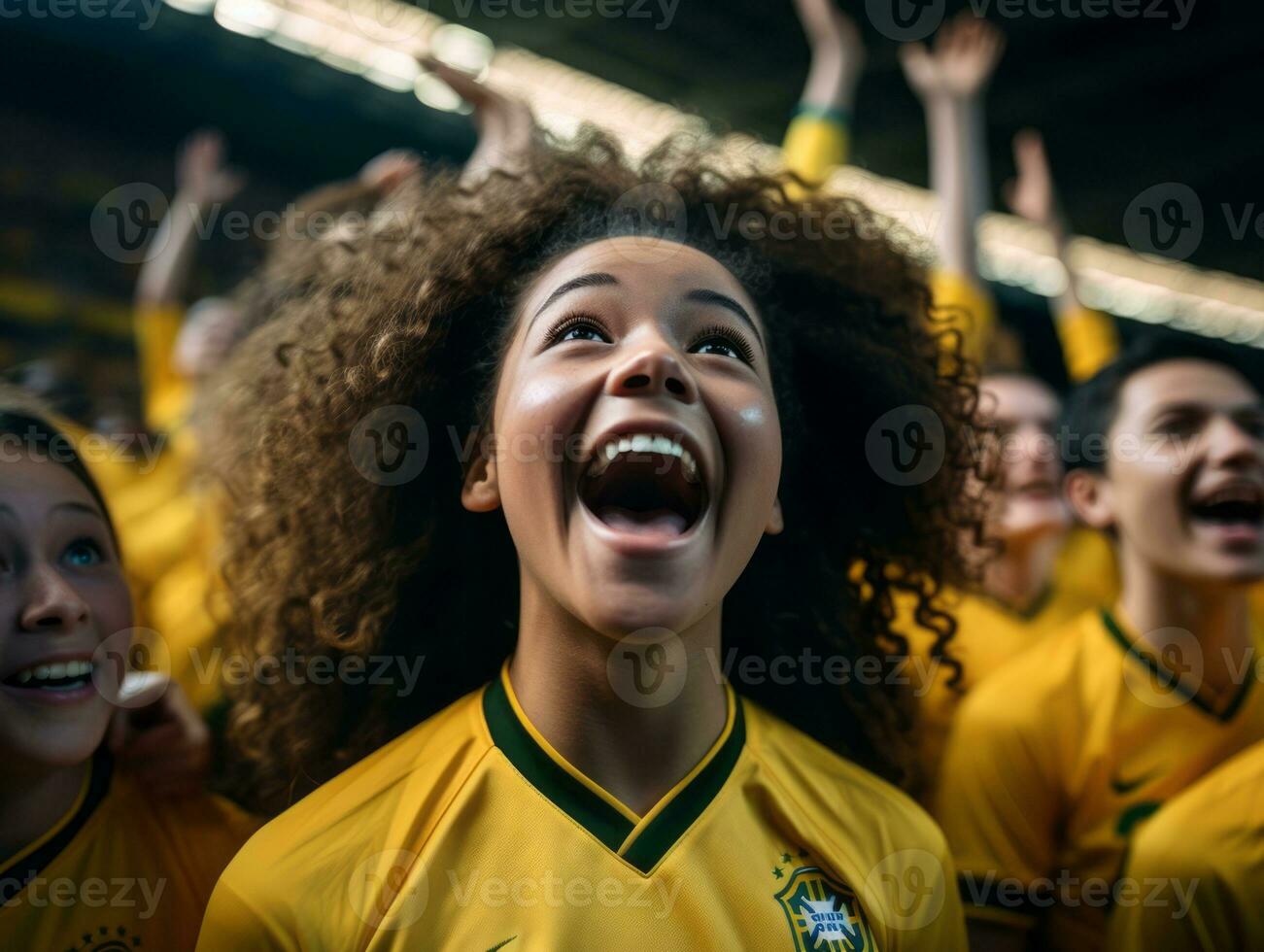 Brasilianer Kind feiert seine Fußball Teams Sieg ai generativ foto