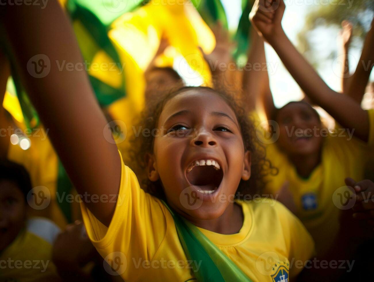 Brasilianer Kind feiert seine Fußball Teams Sieg ai generativ foto