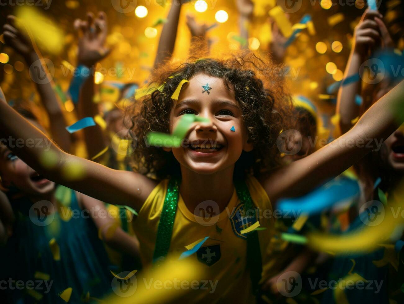 Brasilianer Kind feiert seine Fußball Teams Sieg ai generativ foto