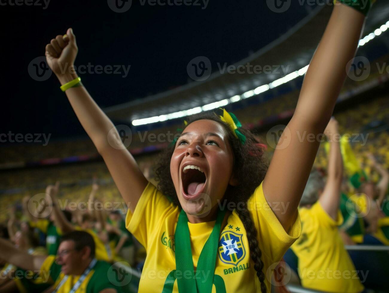 Brasilianer Kind feiert seine Fußball Teams Sieg ai generativ foto